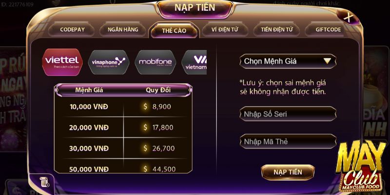 Nạp tiền theo phương thức phù hợp