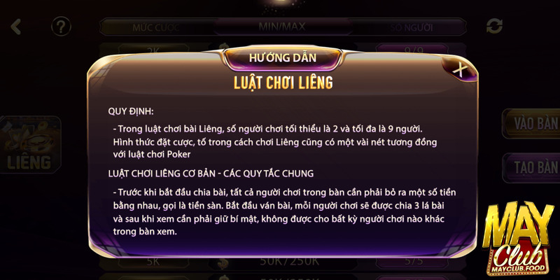 Liêng Mayclub sử dụng bộ bài tây 52 lá, mỗi ván có từ 2 đến 6 người tham gia