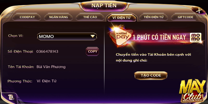 Nạp tiền Mayclub là điều đầu tiên anh em cần thực hiện khi tham gia
