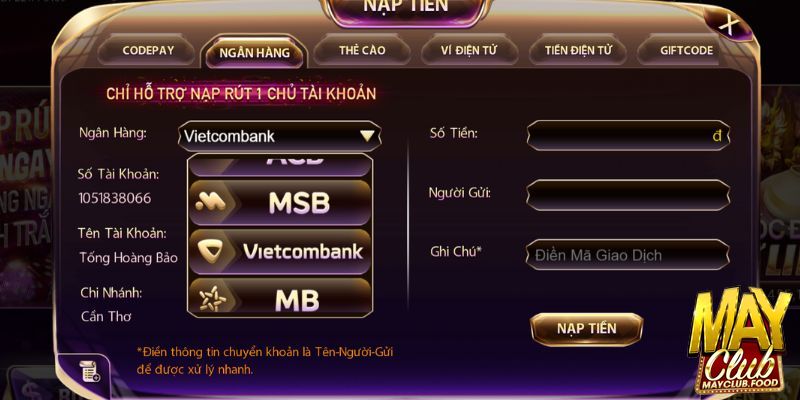 Chon phương thức nạp tiền bạn muốn thực hiện